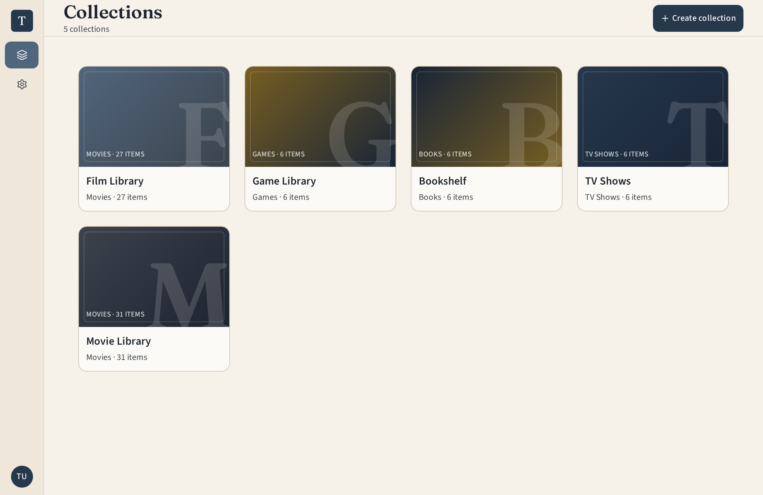 The collections home in Trovary, showing movie, TV, book, and game collections side by side