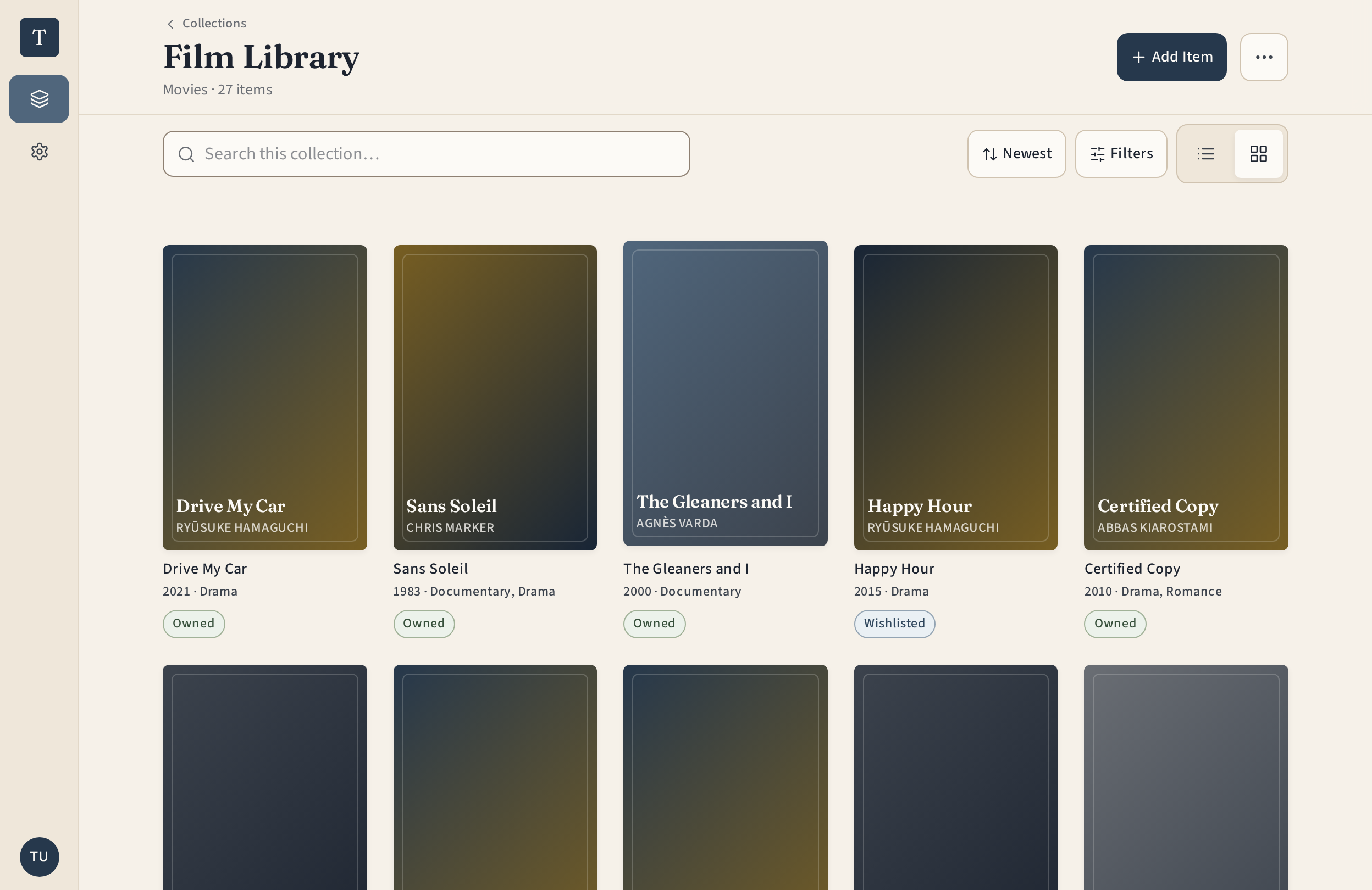 Browsing a rich film collection in Trovary, with covers laid out in a grid