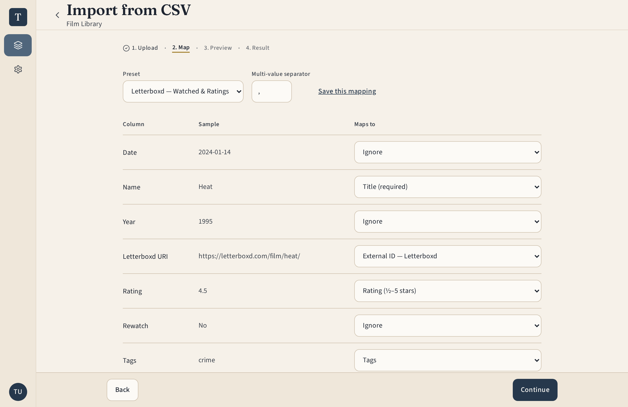 Mapping spreadsheet columns to Trovary fields during a CSV import
